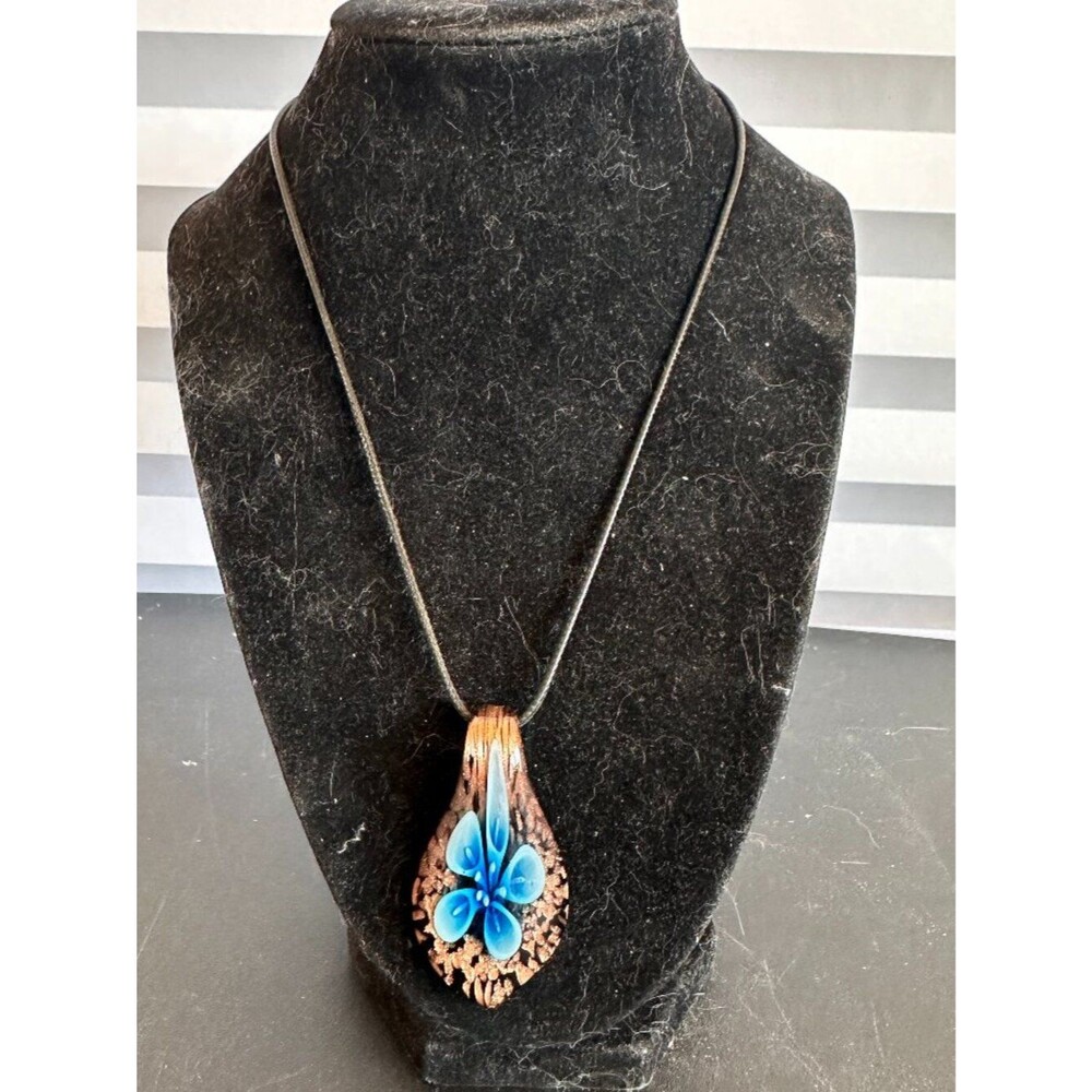 Millefiori Style Blue Glass Pendant Necklace Murano Style Flower Art Jewelry